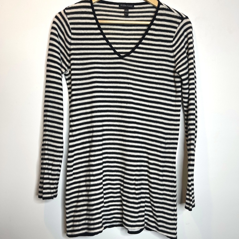 Eileen‎ Fisher Black White Striped Knit Tunic Sweater V-Neck Long Sleeve